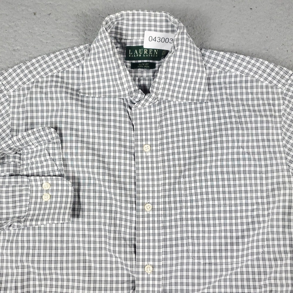 Lauren Ralph Lauren Mens 15.5 32/33 Gray White Plaid Slim Fit Non Iron Shirt